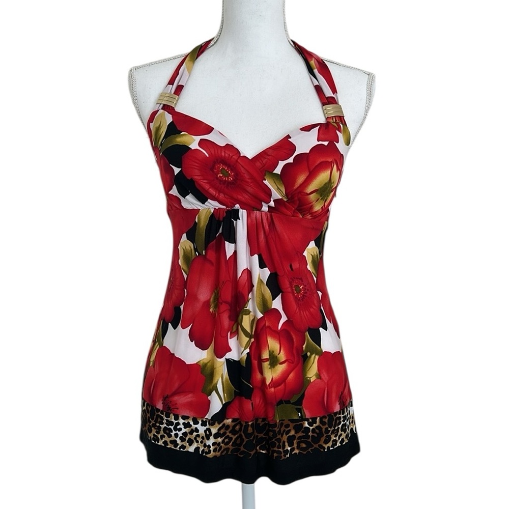 Cache Floral Animal Print Y2K Babydoll Halter Top 
Size: Small